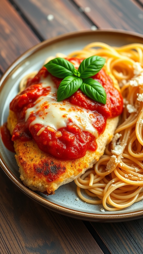 Classic Chicken Parmesan with Marinara Sauce A delicious serving of chicken parmesan with marinara sauce and melted cheese, accompanied by a side of spaghetti.