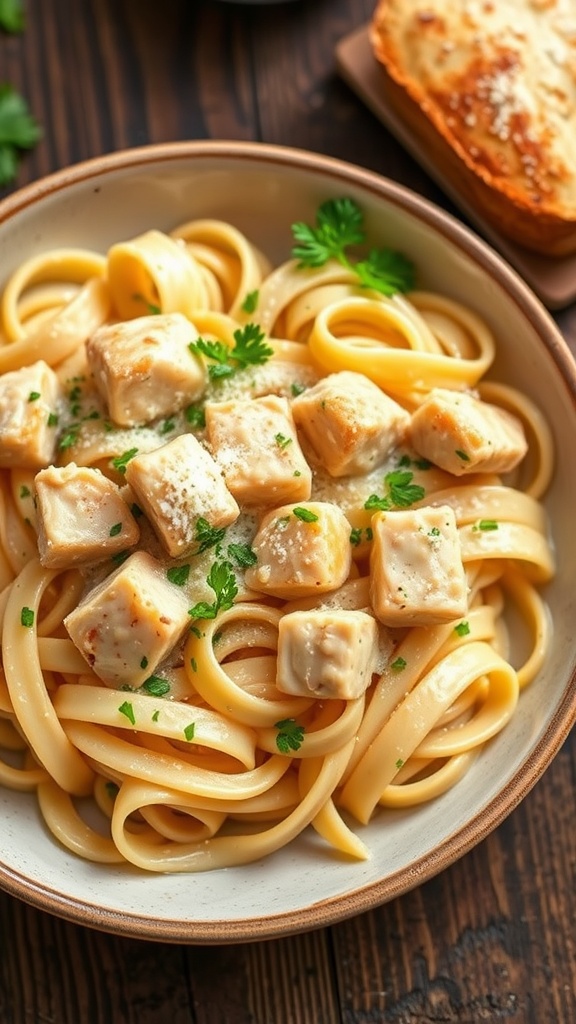 A delicious plate of creamy chicken Alfredo pasta with parsley and Parmesan on a rustic table.