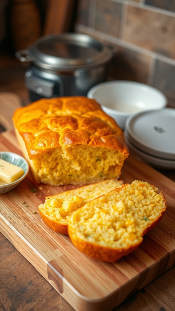 A golden-brown cornbread loaf on a wooden board with slices, butter, and herbs.