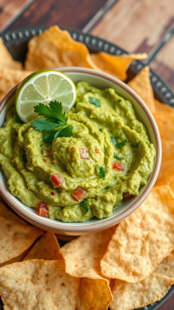 Fresh and Zesty Guacamole Recipe A bowl of guacamole with tortilla chips, garnished with lime and cilantro.