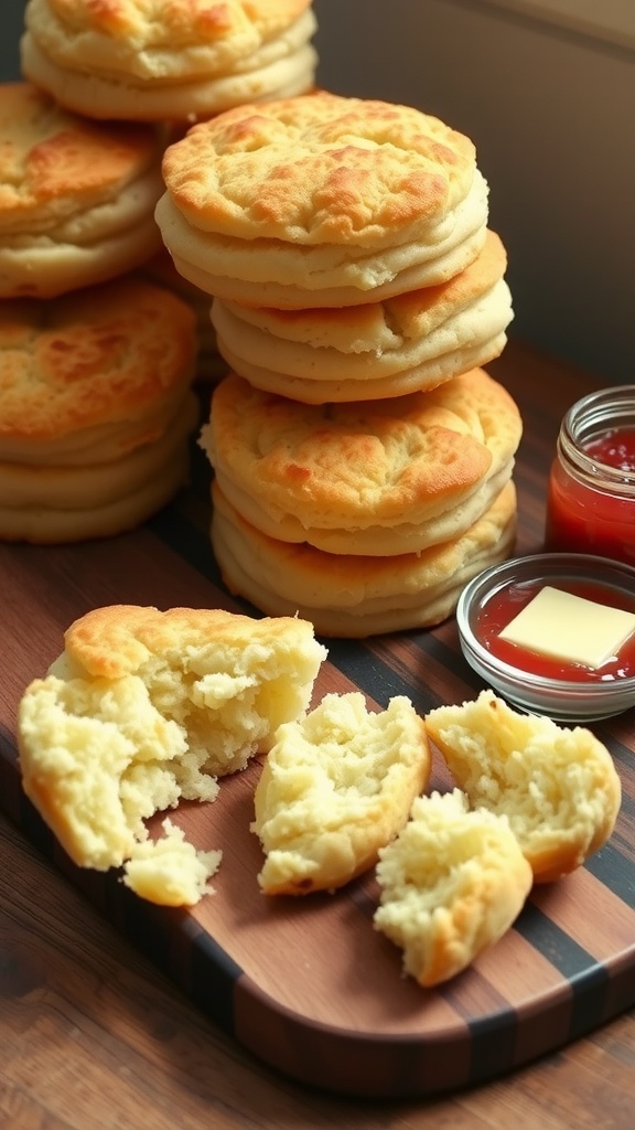Classic Fluffy Buttermilk Biscuit Recipe Warm and fluffy buttermilk biscuits stacked on a wooden board with butter and jam.