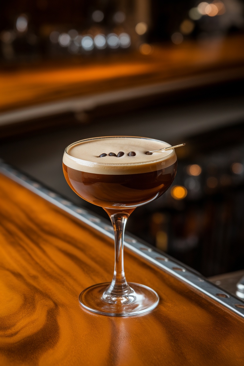 Classic Espresso Martini Recipe An elegant espresso martini in a glass, garnished with coffee beans, on a wooden bar counter.