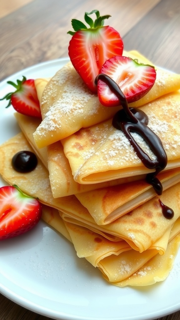 A stack of crepes garnished with powdered sugar, fresh strawberries, and chocolate sauce on a wooden table.