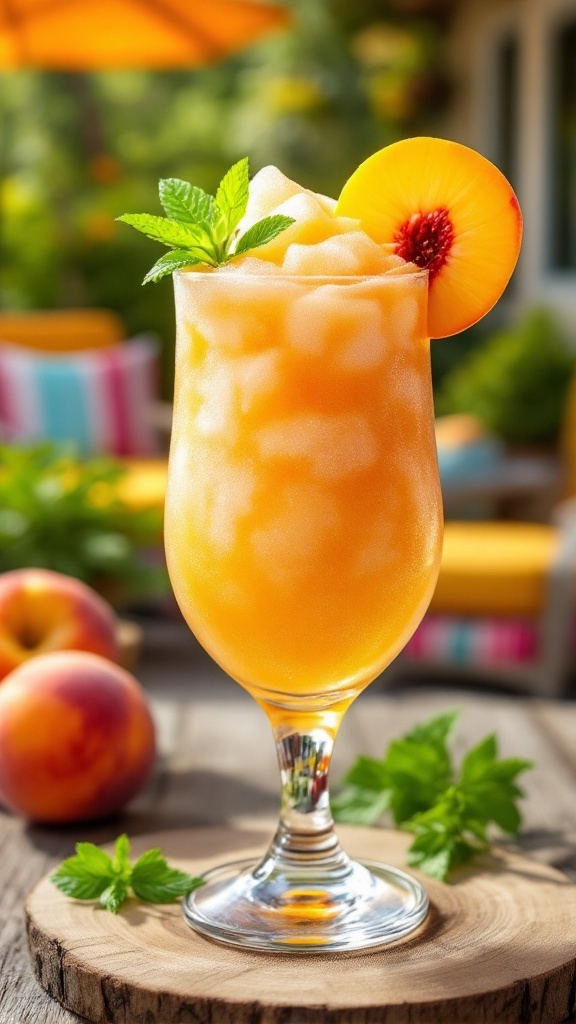 Refreshing Peach Wine Slushie Recipe A refreshing peach wine slushie in a glass with peach slices and mint, set against a sunny patio backdrop.