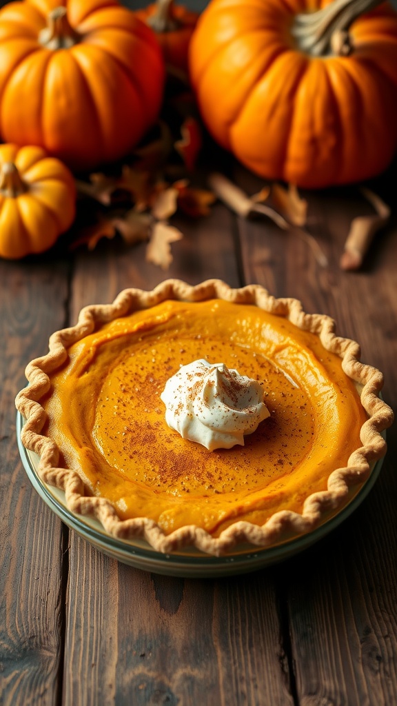A freshly baked pumpkin pie with whipped cream on top, displayed on a wooden table surrounded by autumn decorations.