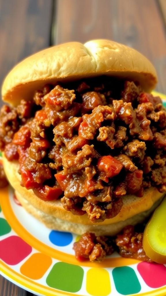 A messy yet appetizing sloppy joe sandwich with ground beef in tomato sauce on a toasted bun, served with a pickle.