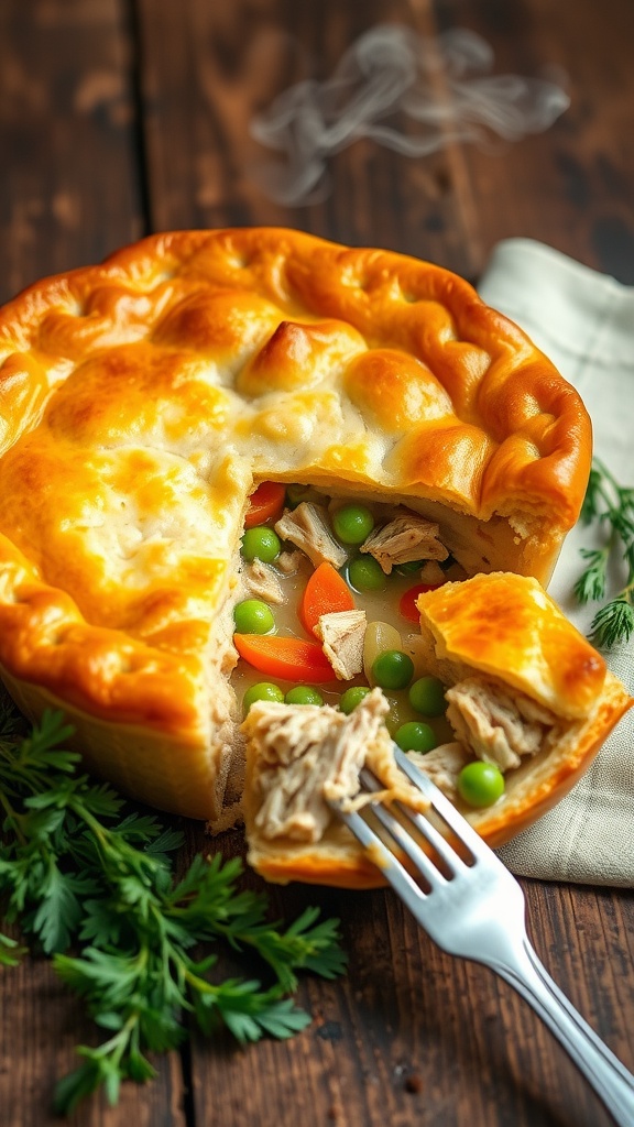 A delectable chicken pot pie with a flaky crust and a visible filling of chicken, carrots, and peas on a wooden table.
