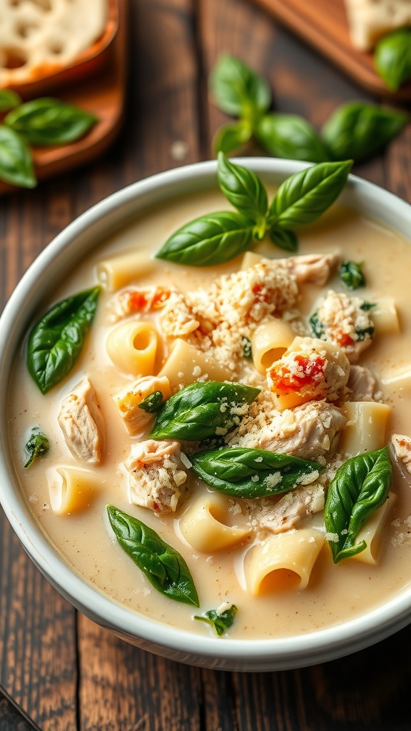 A bowl of creamy white chicken lasagna soup with chicken, noodles, spinach, and cheese, served with garlic bread.