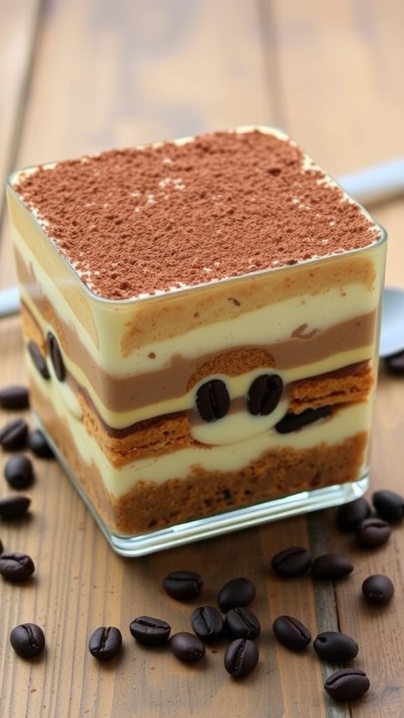A layered tiramisu dessert in a glass dish, dusted with cocoa powder, placed on a rustic wooden table.